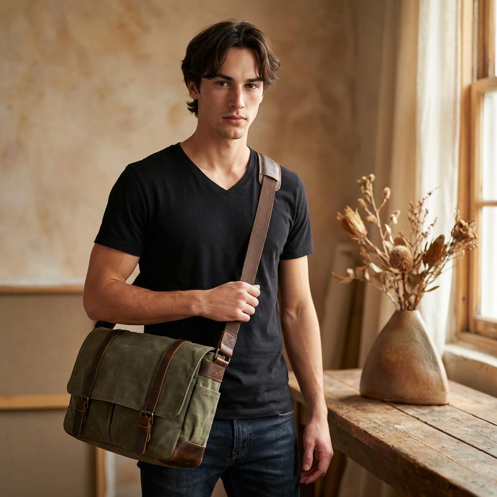 Vintage Leather Canvas Laptop Satchel Bag