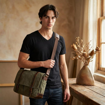 Vintage Leather Canvas Laptop Satchel Bag