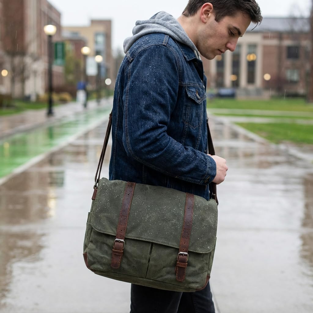 Vintage Leather Canvas Laptop Satchel Bag