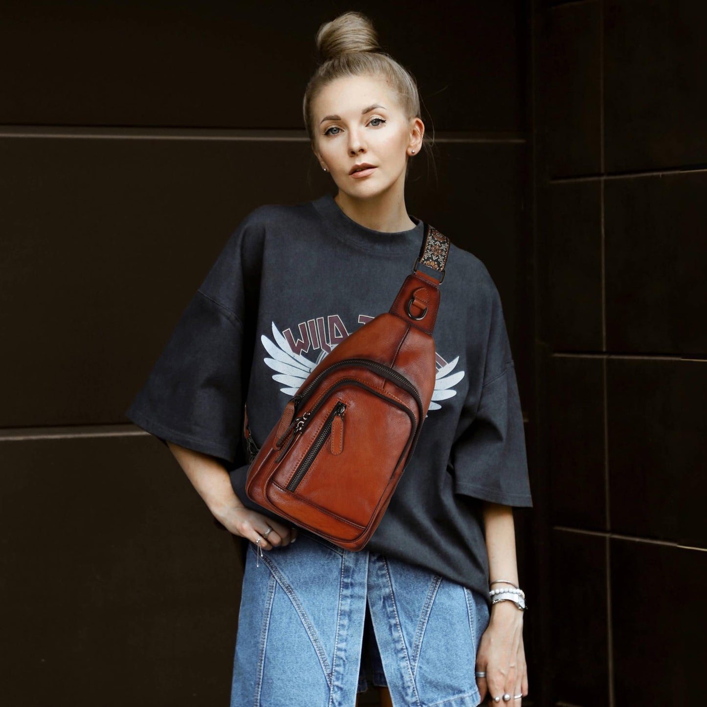 Leather Multi-Pocket Sling Crossbody Bag