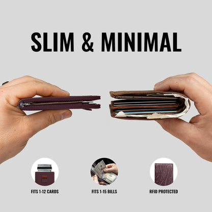 Minimalist Leather Wallet With Cash Pocket & Strap