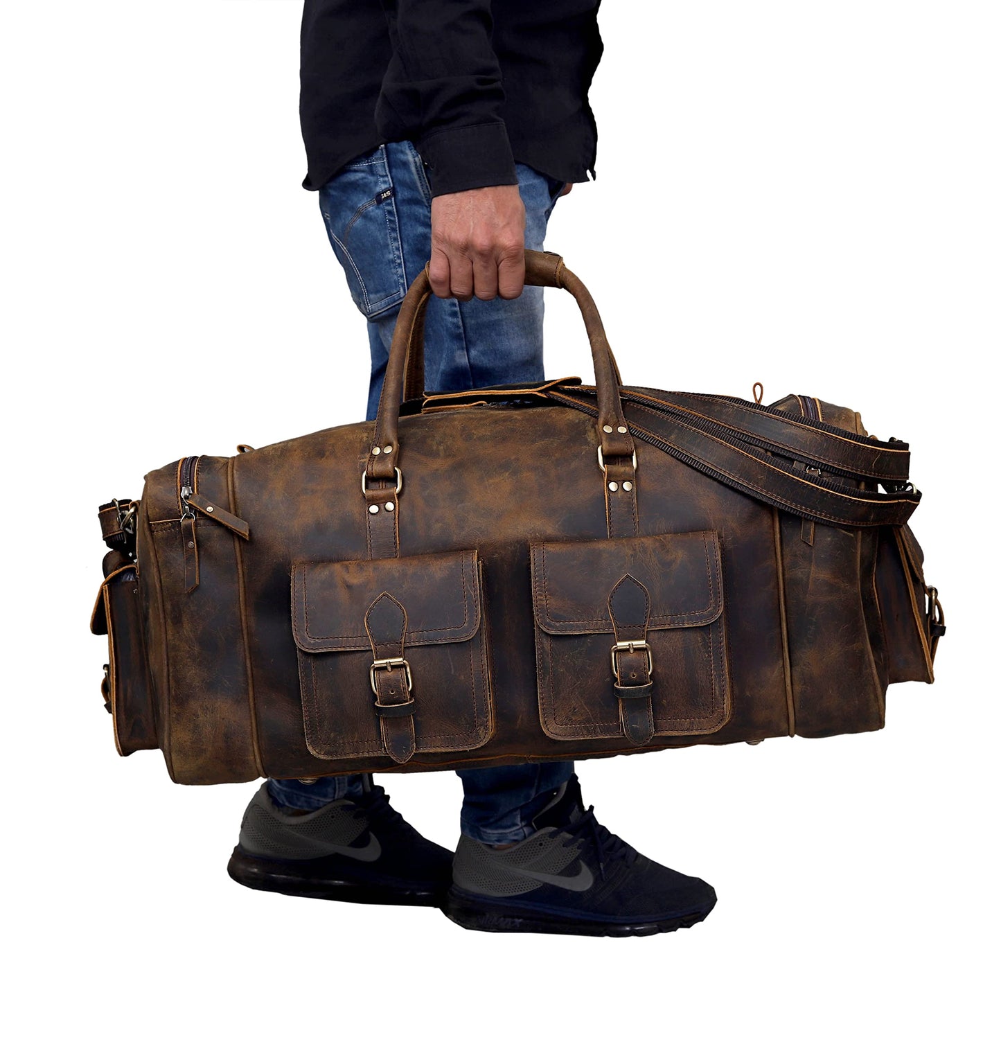 Large Leather Weekender Duffel Bag For Travel