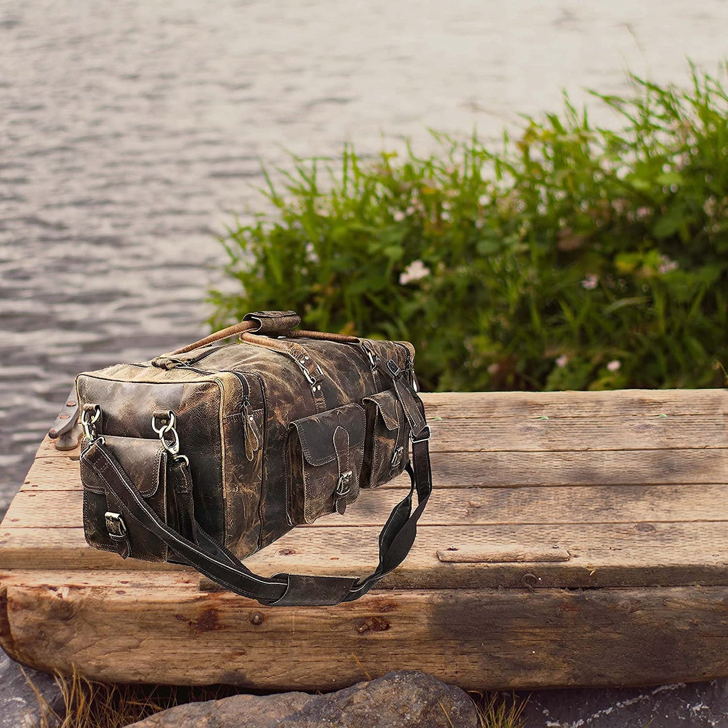Large Leather Weekender Duffel Bag For Travel